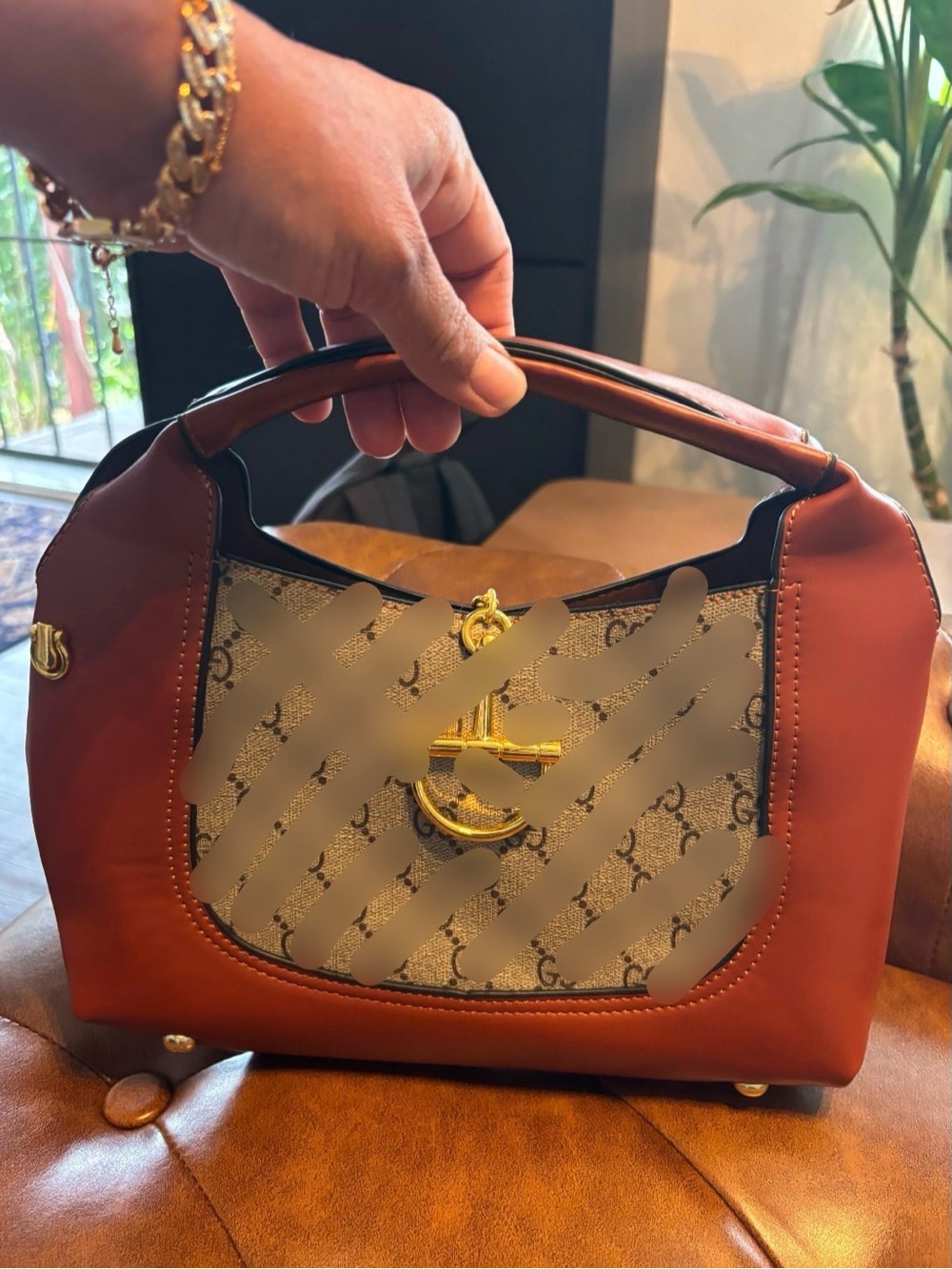 Brown Top-Handle Women's Bag with Patterned Center Panel